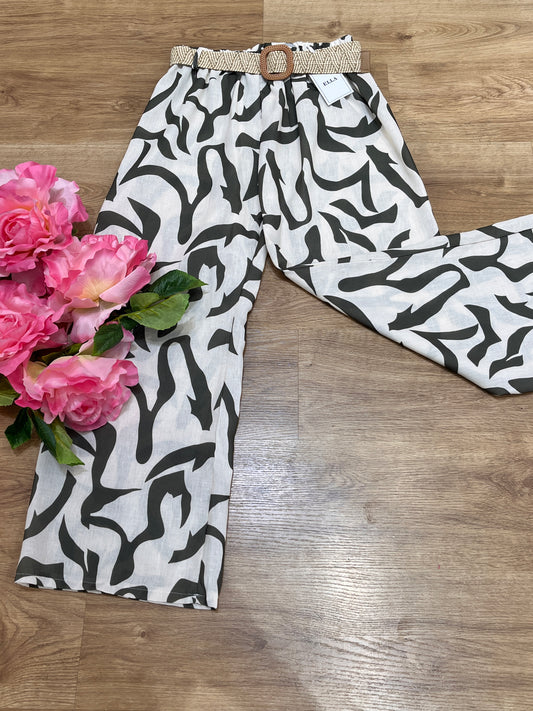 Pantalón mujer estampado abstracto con cinturón — Estilo moderno y cómodo, ideal para primavera/verano | Tejido fresco y ligero |