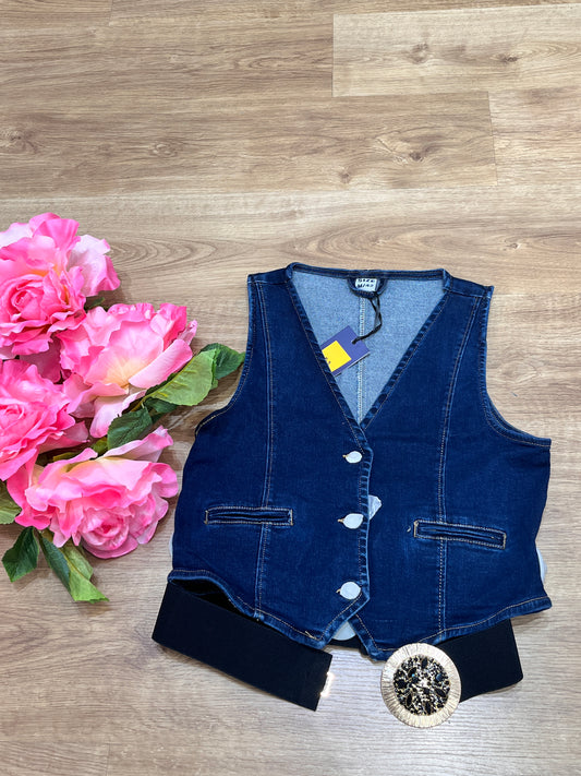 Chaleco vaquero mujer sin mangas – Estilo casual urbano, con botones elegantes y bolsillos decorativos Perfecto para looks denim modernos y versátiles