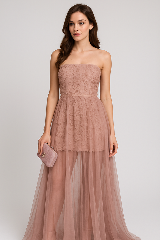 Vestido largo de fiesta rosa empolvado con tul vaporoso y flores en relieve 3D, diseño romántico y elegante para bodas, eventos especiales y sesiones de fotos – Estilo princesa