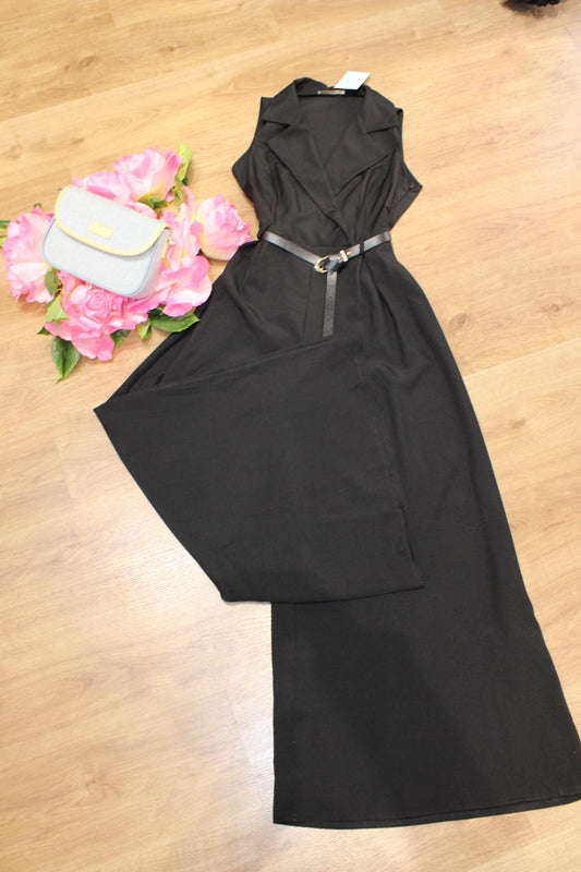 Mono largo elegante negro sin mangas para mujer con cinturón ajustable, estilo blazer, ideal para oficina, cenas, eventos, verano, primavera y otoño, cómodo y favorecedor